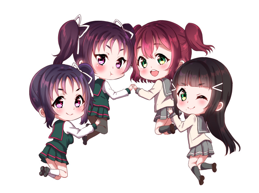 &gt;:) 4girls :t ;) bangs black_footwear black_hair black_legwear blue_hair blunt_bangs brown_footwear chibi commentary_request eyebrows_visible_through_hair green_eyes hair_ornament hair_ribbon hairclip hand_holding highres kazuno_leah kazuno_sarah kneehighs kurosawa_dia kurosawa_ruby long_hair long_sleeves looking_at_viewer looking_back love_live! love_live!_sunshine!! mole mole_under_mouth multiple_girls one_eye_closed open_mouth pantyhose pleated_skirt purple_hair redhead ribbon rinne_(mizunosato) school_uniform serafuku shoes siblings side_ponytail sidelocks simple_background sisters skirt smile twintails two_side_up v-shaped_eyebrows violet_eyes white_background white_legwear