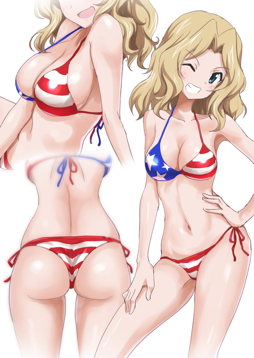 1girl american_flag_bikini ass bare_arms bare_legs bare_shoulders bikini blonde_hair breasts cleavage collarbone flag_print gin'you_haru girls_und_panzer green_eyes grin halter_top halterneck hand_on_hip head_out_of_frame highres kay_(girls_und_panzer) large_breasts long_hair looking_at_viewer multiple_views one_eye_closed side-tie_bikini sideboob simple_background smile swimsuit white_background