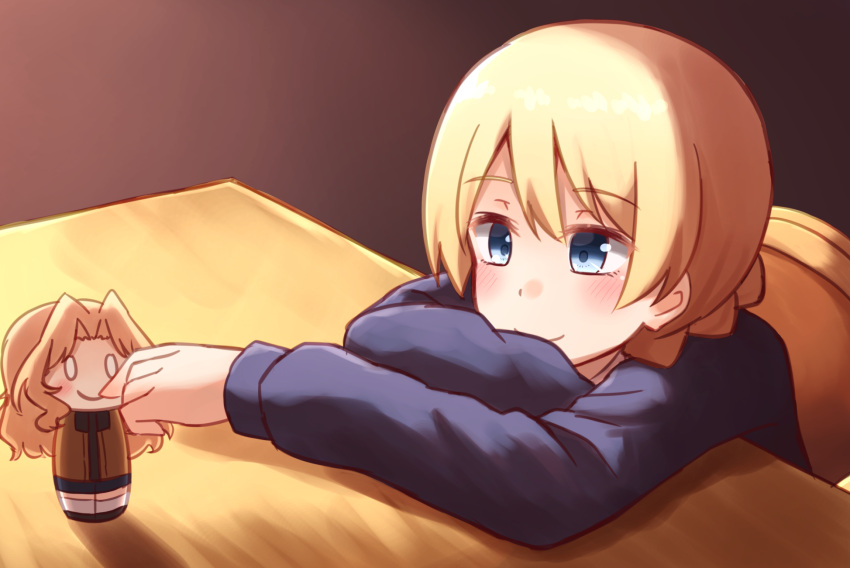 arm_rest bangs blonde_hair blue_eyes blue_sweater braid chair character_doll closed_mouth commentary_request darjeeling eyebrows_visible_through_hair girls_und_panzer highres kapatarou kay_(girls_und_panzer) leaning_forward looking_at_another school_uniform short_hair sitting smile sweater table tied_hair twin_braids