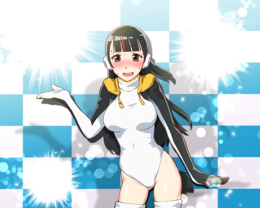 1girl bangs blunt_bangs blush breasts brown_eyes checkered checkered_background cosplay covered_navel embarrassed emperor_penguin_(kemono_friends) emperor_penguin_(kemono_friends)_(cosplay) headphones highleg highleg_leotard hood hoodie kemono_friends kobuchizawa_shirase leotard medium_breasts multicolored_hair open_mouth redhead shiny shiny_hair smile sofmap_background solo sora_yori_mo_tooi_basho streaked_hair sweat sweating thigh-highs turtleneck two-tone_hair ueyama_michirou white_leotard