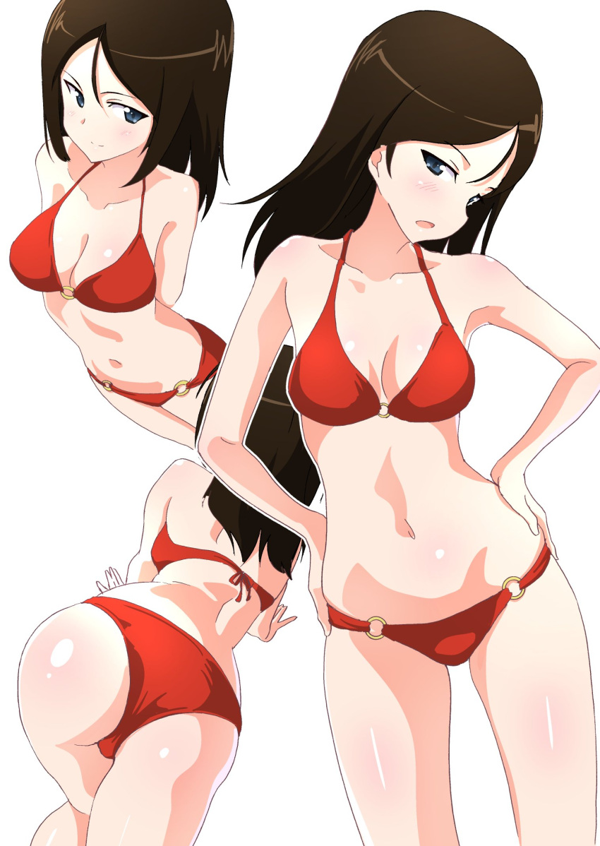 1girl ass bare_arms bare_shoulders bikini black_hair blue_eyes breasts closed_mouth gin'you_haru girls_und_panzer hands_on_hips highres light_smile long_hair looking_at_viewer medium_breasts multiple_views navel nonna o-ring o-ring_bikini o-ring_bottom o-ring_top red_bikini simple_background stomach swimsuit white_background