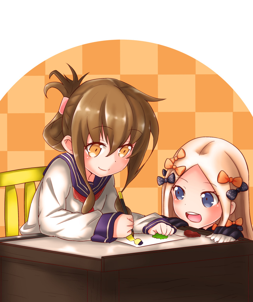 2girls :d abigail_williams_(fate/grand_order) absurdres bangs black_bow black_dress blonde_hair blue_eyes blush bow brown_eyes brown_hair chair checkered checkered_background closed_mouth commentary_request crossover drawing dress eye_contact eyebrows_visible_through_hair fate/grand_order fate_(series) folded_ponytail hair_between_eyes hair_bow highres inazuma_(kantai_collection) kantai_collection long_hair long_sleeves looking_at_another looking_at_viewer multiple_girls neckerchief no_hat no_headwear open_mouth orange_bow parted_bangs polka_dot polka_dot_bow red_neckwear school_uniform serafuku shirt sidelocks sitting sleeves_past_fingers sleeves_past_wrists smile table upper_teeth white_shirt