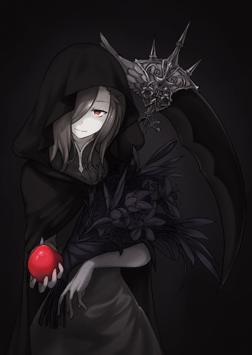 1girl black_dress black_footwear brown_hair character_request dress food fruit hair_over_one_eye highres holding holding_fruit holding_weapon hood inawa_akito long_hair red_eyes scythe simple_background smile solo standing weapon