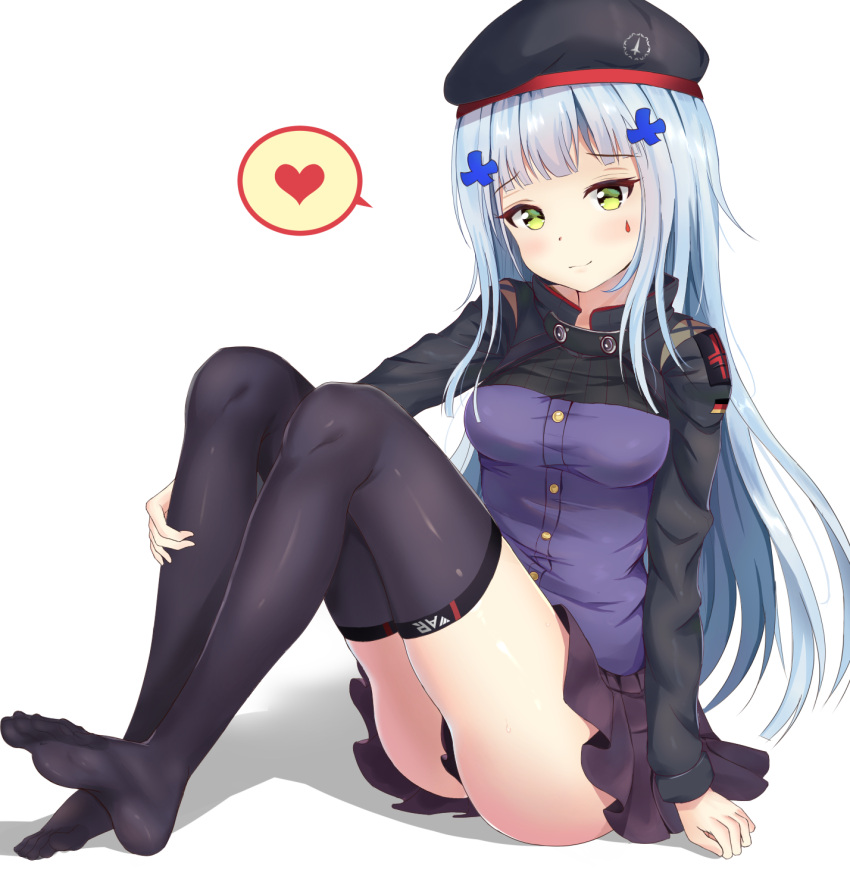 1girl aisuuwan arm_support ass bangs beret black_legwear blunt_bangs blush breasts buttons cleavage closed_mouth collared_jacket eyebrows_visible_through_hair facepaint feet foot_up german_flag girls_frontline gloves green_eyes hair_ornament hand_on_leg hat heart highres hk416_(girls_frontline) knees_up long_hair long_sleeves looking_at_viewer medium_breasts no_shoes panties pantyshot pantyshot_(sitting) plaid plaid_skirt shiny shiny_skin sidelocks silver_hair simple_background sitting skirt smile soles solo sweatdrop teardrop thigh-highs thighs toes tsurime underwear white_background