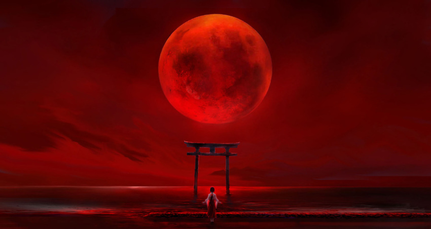 00 1girl beach black_hair clouds commentary full_moon hakama highres horizon japanese_clothes long_hair looking_afar miko moon ocean original ponytail red red_moon revision scenery sky solo torii
