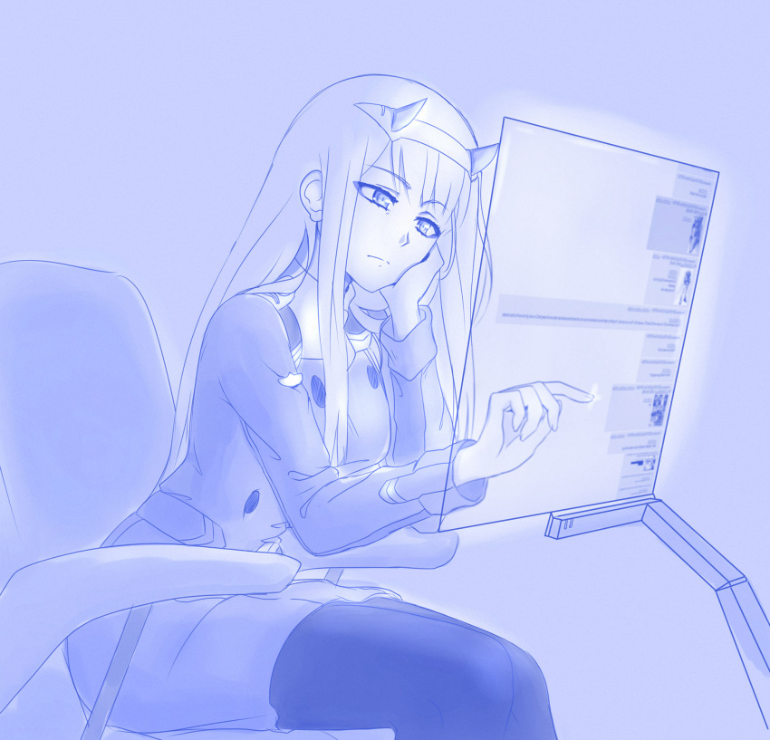 1girl 4chan armchair blue blue_background bored chair chin_rest closed_mouth commentary_request darling_in_the_franxx eyebrows_visible_through_hair hairband hand_up highres holographic_interface horns imageboard jacket long_hair long_sleeves monochrome pantyhose reading simple_background sitting solo viperxtr zero_two_(darling_in_the_franxx)