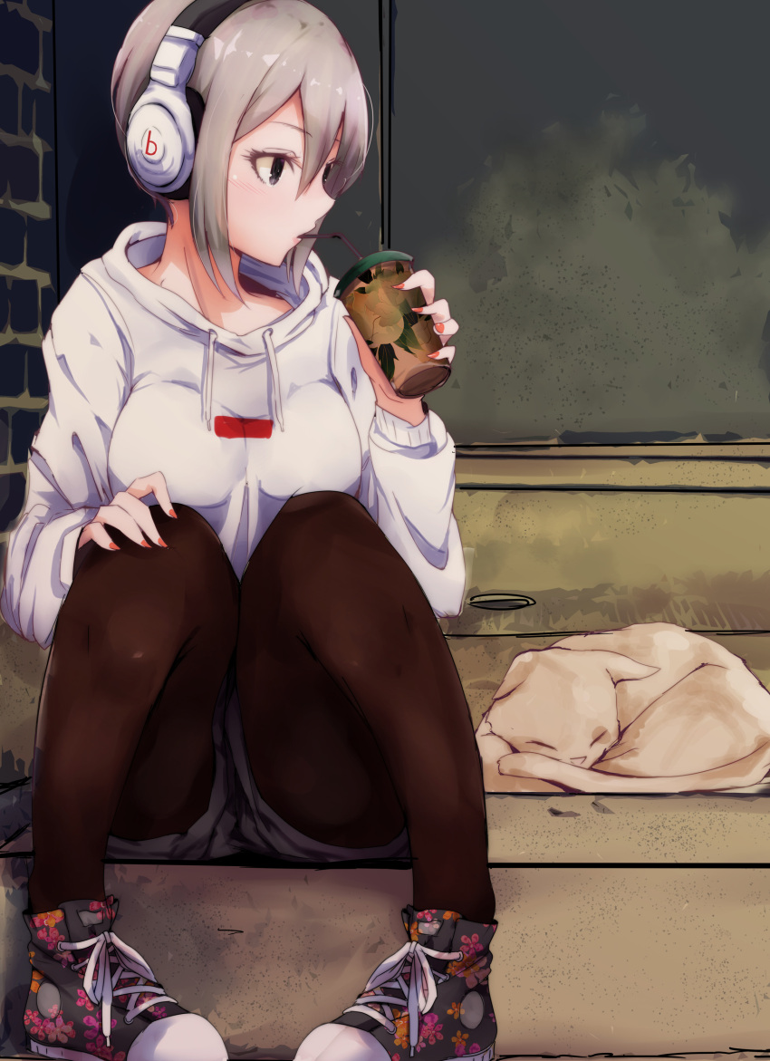 1girl absurdres animal beats_by_dr._dre black_eyes black_legwear breasts cat commentary_request cup drinking drinking_straw eyebrows_visible_through_hair floral_print grey_hair hair_between_eyes headphones highres holding holding_cup idolmaster idolmaster_cinderella_girls knees_up medium_breasts nail_polish pantyhose pigeon-toed print_shoes red_nails ryuu. shiomi_shuuko shoes short_hair sitting solo sweater white_sweater