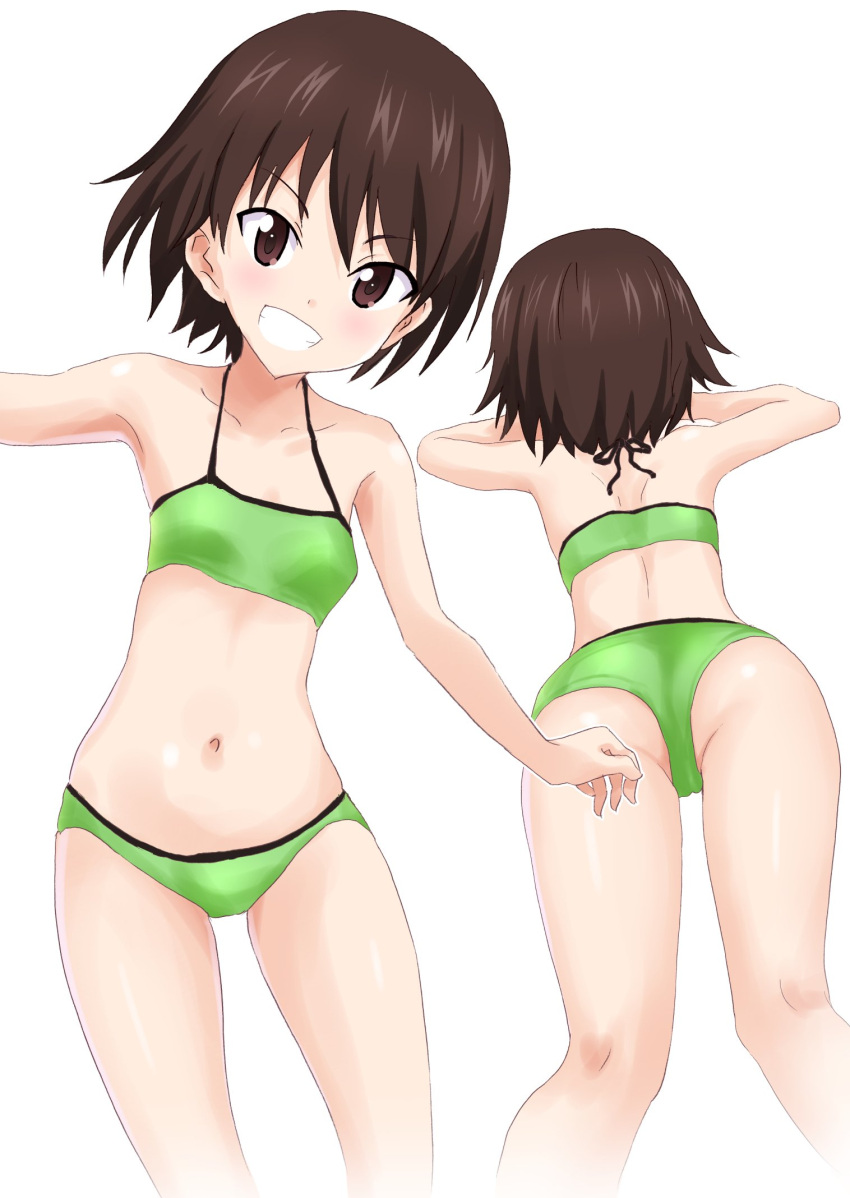 1girl bare_arms bare_legs bare_shoulders bikini breasts brown_eyes brown_hair eyebrows_visible_through_hair from_behind gin'you_haru girls_und_panzer green_bikini grin halter_top halterneck highres isobe_noriko looking_at_viewer multiple_views navel short_hair simple_background small_breasts smile stomach swimsuit white_background