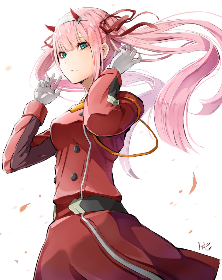 1girl alternate_hairstyle arms_up bangs belt blunt_bangs breasts chibi closed_mouth coat cowboy_shot darling_in_the_franxx double-breasted expressionless eyebrows_visible_through_hair floating_hair gloves hair_ribbon hairband highres horns hoshizaki_reita long_hair long_sleeves looking_at_viewer medium_breasts military military_uniform necktie orange_neckwear petals red_coat red_ribbon ribbon signature solo standing twintails uniform very_long_hair white_background white_gloves white_hairband wind zero_two_(darling_in_the_franxx)