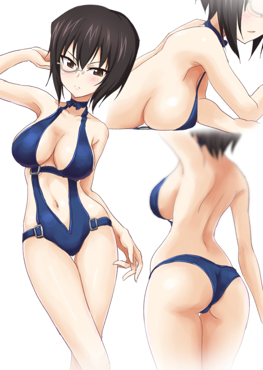 1girl arm_up ass back backboob bare_arms bare_legs bare_shoulders black_hair blue_swimsuit breasts brown_eyes cleavage from_behind gin'you_haru girls_und_panzer highres kawashima_momo large_breasts looking_at_viewer lying monocle multiple_views navel on_stomach sideboob simple_background swimsuit thigh_gap white_background