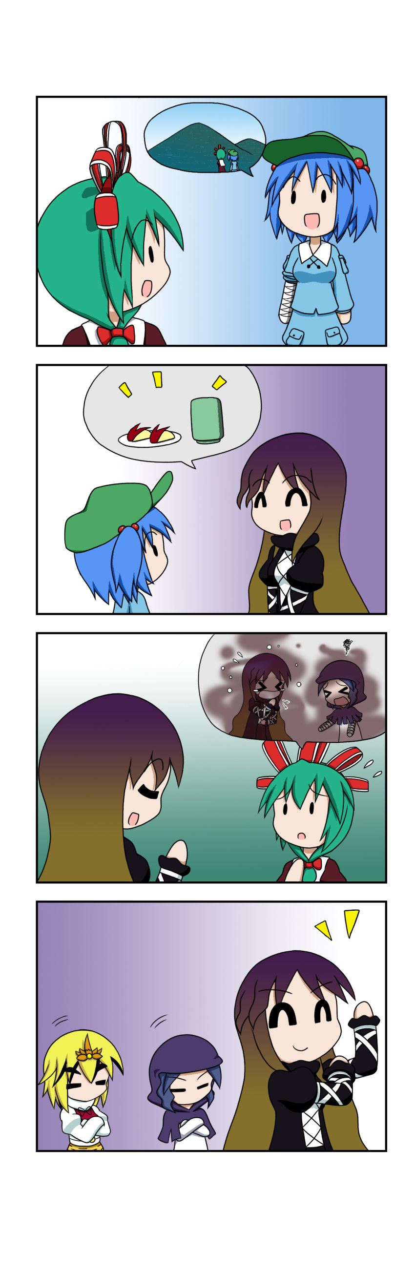 4koma absurdres comic highres hijiri_byakuren kagiyama_hina kawashiro_nitori kumoi_ichirin toramaru_shou touhou