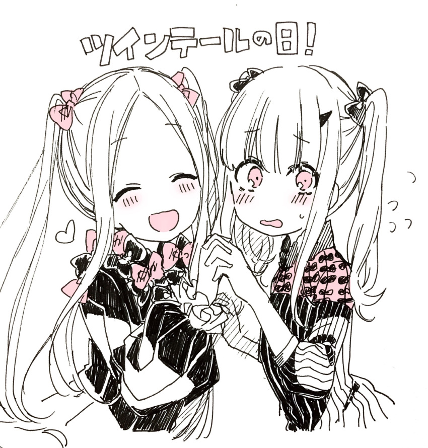 2girls :d ^_^ abigail_williams_(fate/grand_order) alternate_hairstyle blush bow closed_eyes dress facing_viewer fate/grand_order fate_(series) flying_sweatdrops from_side hair_bow hand_holding heart highres interlocked_fingers lavinia_whateley_(fate/grand_order) long_hair long_sleeves looking_at_viewer monochrome multiple_girls open_mouth pink_bow pink_eyes smile sofra spot_color translation_request twintails very_long_hair