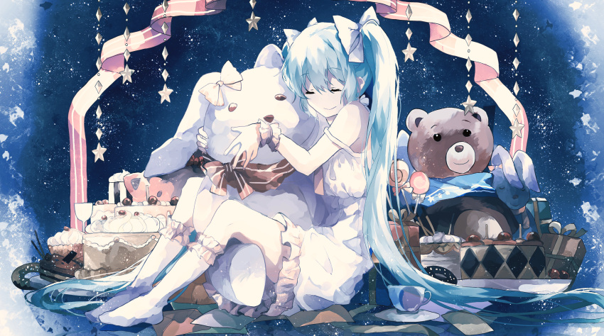 1girl absurdres blue_background blue_hair bow cake candy closed_eyes cup food from_side gocoli hair_bow hatsune_miku highres kneehighs lollipop long_hair object_hug sitting solo strap_slip stuffed_animal stuffed_bunny stuffed_toy sweets teacup teddy_bear twintails very_long_hair vocaloid wrist_cuffs