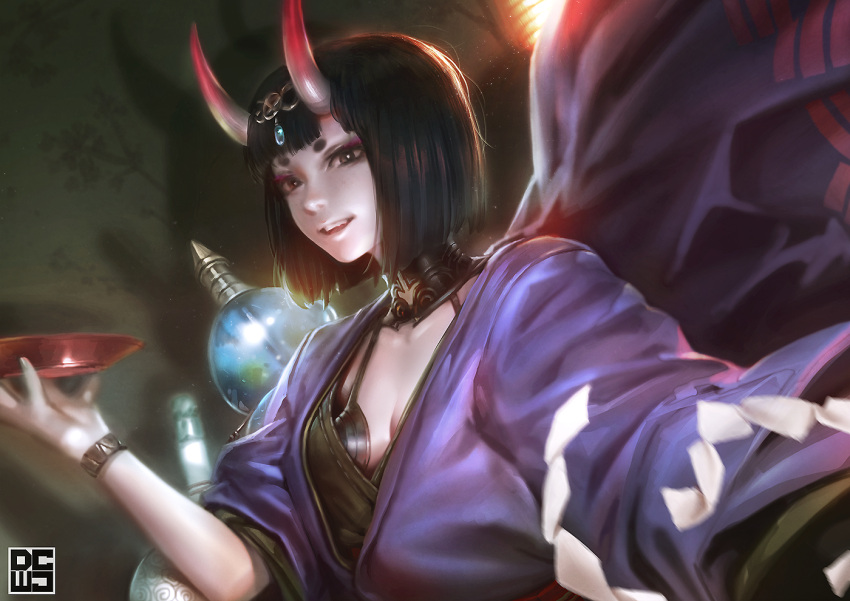 1girl black_eyes bob_cut breasts cleavage cup dcwj fate/grand_order fate_(series) headpiece japanese_clothes kimono looking_at_viewer oni oni_horns open_mouth sakazuki short_eyebrows short_hair shuten_douji_(fate/grand_order) small_breasts solo