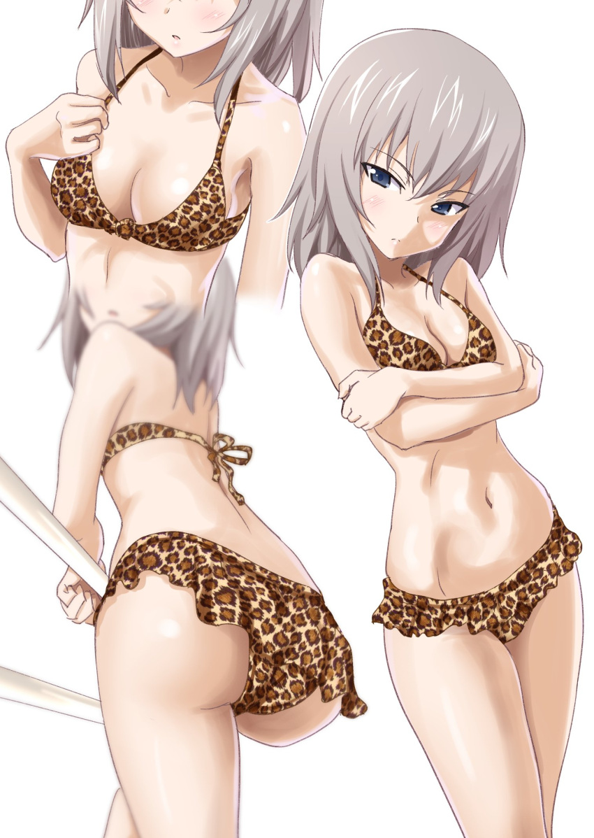 1girl animal_print ass bare_arms bare_shoulders bikini blue_eyes breast_hold breasts brown_bikini cleavage eyebrows_visible_through_hair frilled_bikini frills gin'you_haru girls_und_panzer hair_between_eyes highres itsumi_erika leopard_print looking_at_viewer medium_breasts multiple_views navel silver_hair simple_background standing swimsuit white_background