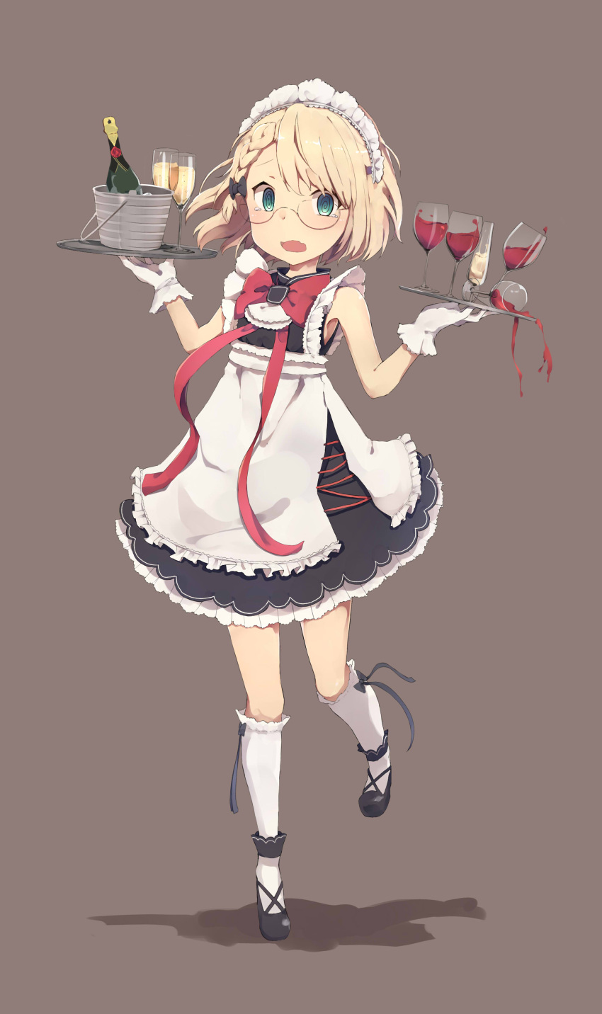 1girl @_@ absurdres ahokoo alcohol apron aqua_eyes balancing bangs black_footwear blonde_hair bottle bow bow_legwear bowtie braid bucket champagne champagne_bottle champagne_flute commentary_request cup dress drinking_glass french_braid full_body g36_(girls_frontline) girls_frontline glasses gloves grey_background hair_bow highres holding holding_tray kneehighs looking_at_viewer maid maid_headdress open_mouth shoes short_hair simple_background sleeveless sleeveless_dress solo spilling standing standing_on_one_leg tray white_gloves white_legwear wine wine_glass