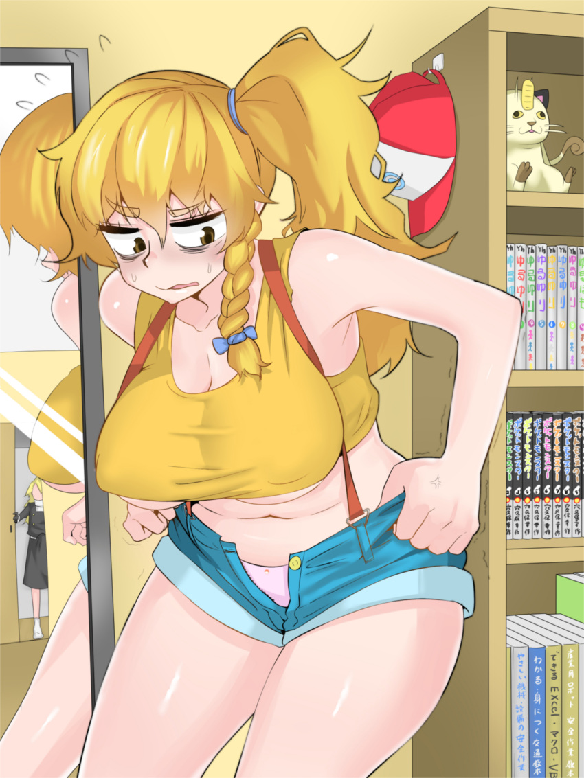 1girl alternate_costume asha bags_under_eyes bangs belly blonde_hair blue_hairband blush bookshelf bow braid breasts cookie_(touhou) cosplay curvy distress erect_nipples eyebrows fat_folds green_eyes hair_bow hairband hat highres kasumi_(pokemon) large_breasts long_hair looking_down mars_(cookie) mirror navel open_mouth panties pants_pull pink_panties plump pokemon red_hat shorts side_braid side_ponytail single_braid solo stomach suspender_shorts suspenders sweat sweatdrop thick_thighs thighs touhou under_boob undersized_clothes underwear wavy_mouth weight_conscious