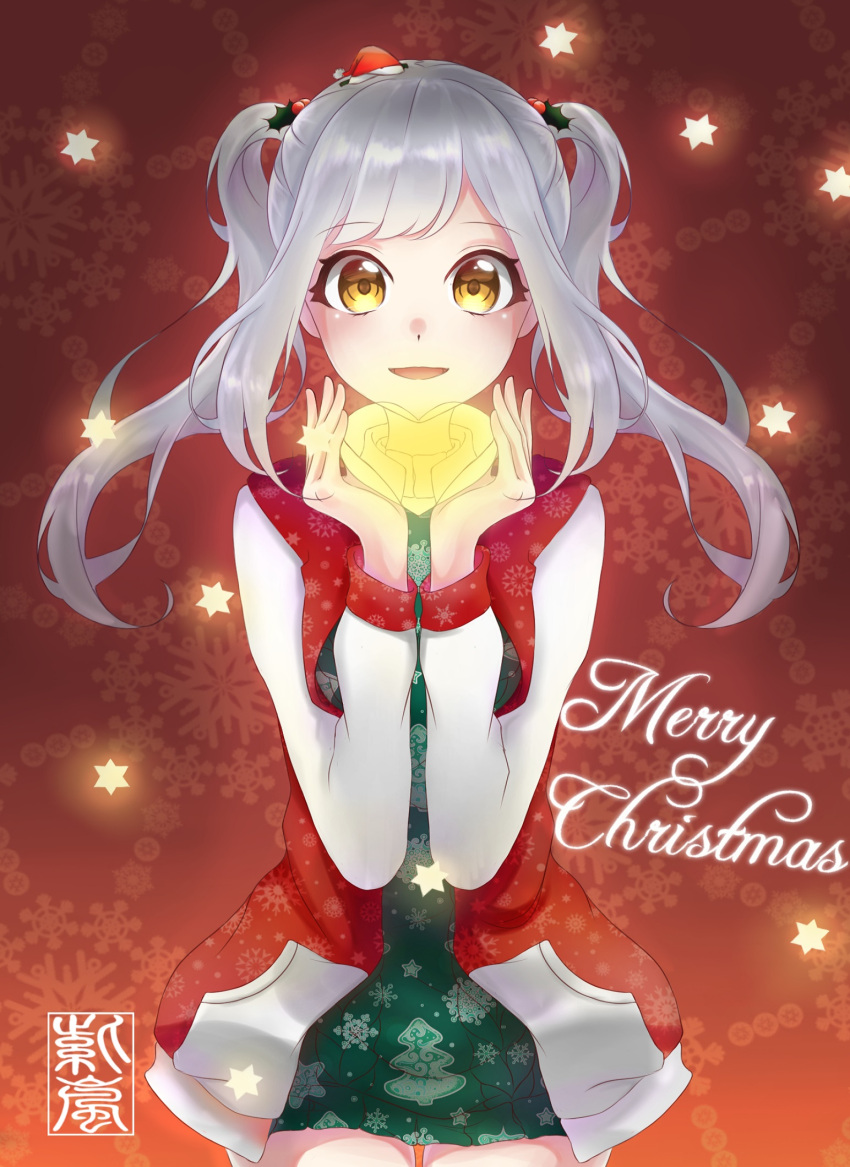 1girl :d cowboy_shot hair_ornament hands_up hat highres holding_heart holly_hair_ornament long_hair looking_at_viewer merry_christmas mini_hat murasaki_arashi open_mouth original pocket red_background santa_hat smile snowflake_background snowflake_print standing twintails white_hair yellow_eyes
