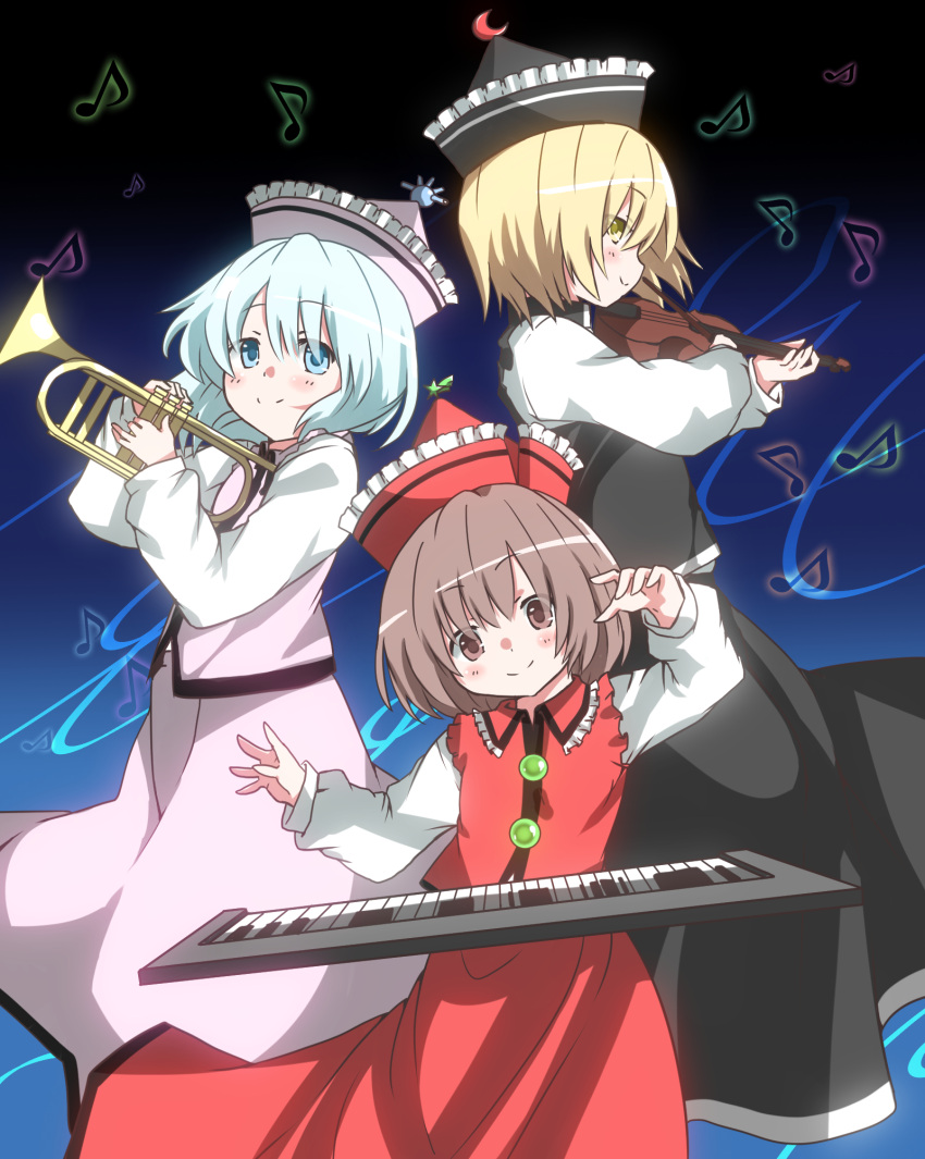 3girls beamed_quavers black_background black_dress blonde_hair blue_background blue_eyes blue_hair brown_eyes brown_hair commentary_request dress eyebrows_visible_through_hair frills from_side gradient gradient_background hat highres holding holding_instrument instrument keyboard_(instrument) kz_oji long_sleeves looking_at_viewer lunasa_prismriver lyrica_prismriver merlin_prismriver multiple_girls musical_note pink_dress profile red_dress short_hair smile touhou trumpet violin yellow_eyes