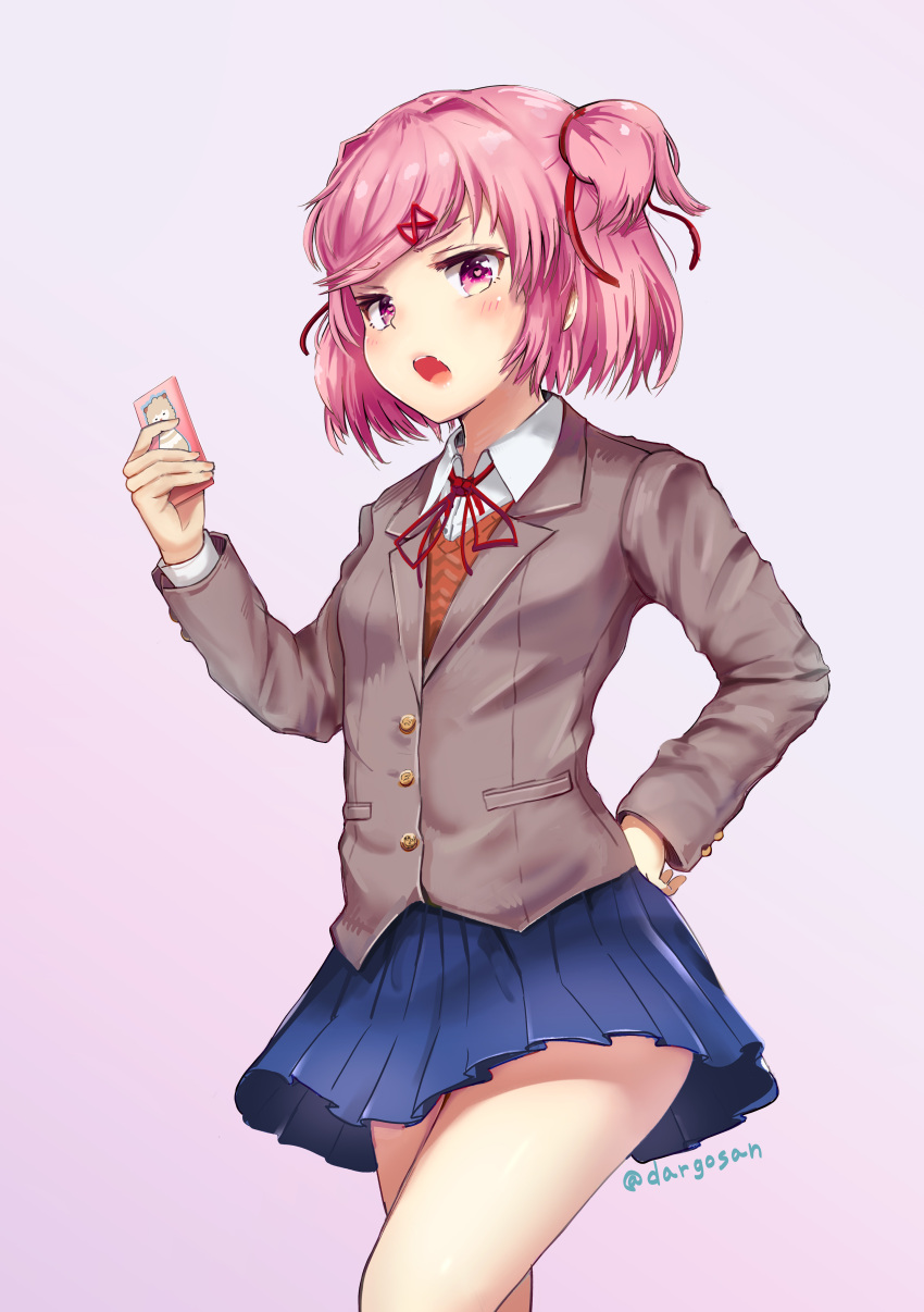 1girl absurdres arms_behind_back blue_skirt blush cellphone dargo doki_doki_literature_club from_below hair_intakes hair_ornament hand_on_hip highres holding looking_at_viewer natsuki_(doki_doki_literature_club) neck_ribbon open_mouth phone pink_hair pleated_skirt ribbon school_uniform short_hair side_ponytail skirt smartphone standing twitter_username violet_eyes x_hair_ornament