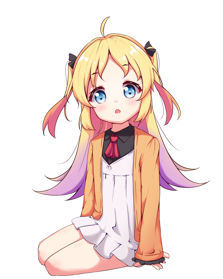 1girl :o bangs black_bow black_shirt blonde_hair blue_eyes blush bow cardigan charlotte_izoard collared_shirt commentary_request dress eyebrows_visible_through_hair full_body gradient_hair hair_bow head_tilt highres long_hair looking_at_viewer multicolored_hair parted_lips purple_hair red_neckwear ryuuou_no_oshigoto! set_(vrkdgus1) shirt simple_background sitting solo two_side_up very_long_hair white_background white_dress yokozuwari