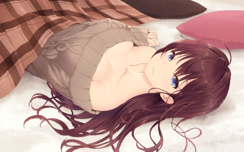 1girl :3 absurdres ahoge bare_shoulders blanket blue_eyes breasts brown_hair cait carpet collarbone commentary highres huge_filesize ichinose_shiki idolmaster idolmaster_cinderella_girls kotatsu large_breasts long_hair looking_at_viewer lying off_shoulder on_back paid_reward patreon_reward pillow ribbed_sweater solo sweater table
