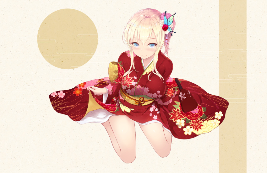 1girl absurdres alternate_hairstyle blonde_hair blue_eyes blush boku_wa_tomodachi_ga_sukunai butterfly_hair_ornament cait closed_mouth clothes_lift floral_print flower from_above hair_flower hair_ornament highres huge_filesize japanese_clothes kashiwazaki_sena kimono kimono_lift looking_at_viewer new_year red_kimono seiza side_ponytail sitting smile solo tally