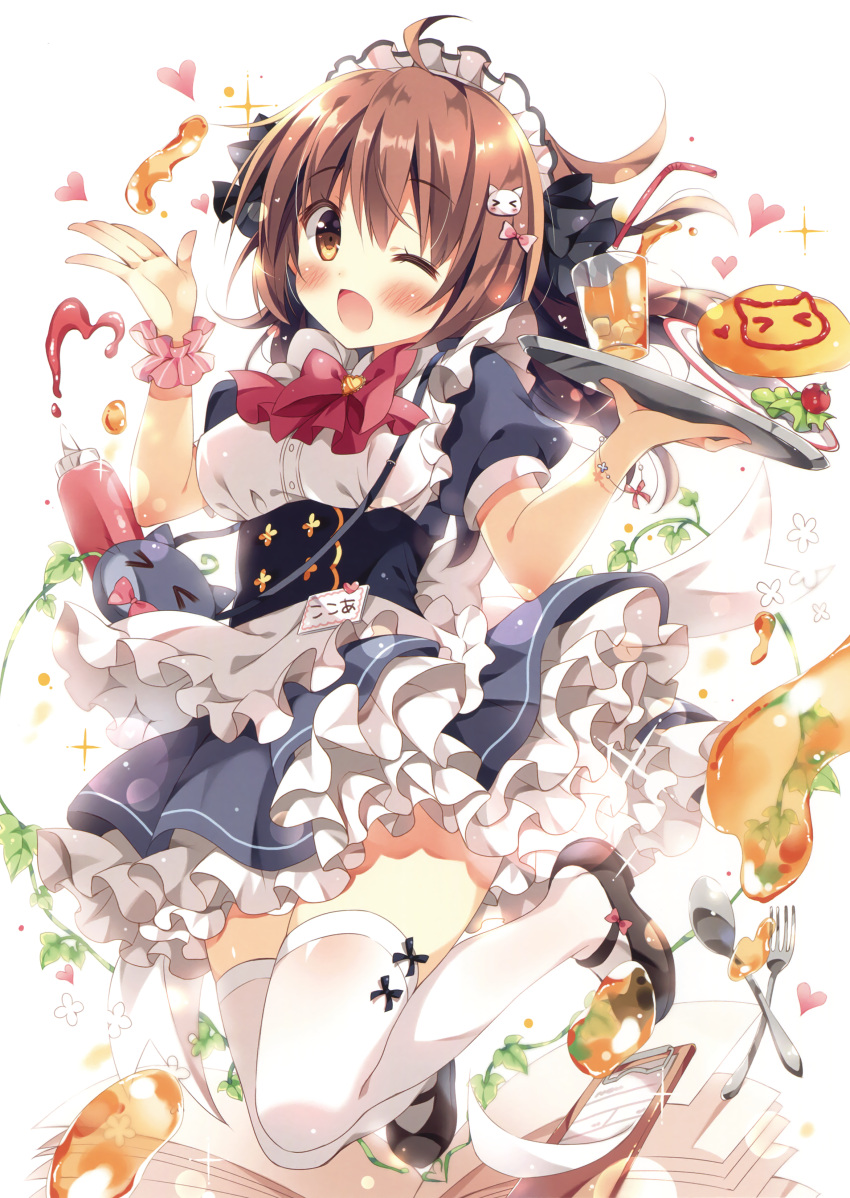 &gt;_&lt; 1girl ;d absurdres ahoge apron blush bow breasts brown_eyes brown_hair cat_bag cat_hair_ornament cherry_tomato clipboard cup drinking_glass eyebrows_visible_through_hair food fork frilled_apron frills full_body hair_between_eyes hair_bow hair_ornament heart high-waist_skirt highres ice ice_cube ketchup legs_up looking_at_viewer maid_headdress medium_breasts name_tag omurice one_eye_closed open_mouth original pan_(mimi) paper petticoat red_bow scan shirt skirt smile solo sparkle spoon squeeze_bottle thigh-highs waist_apron waitress white_apron white_background white_legwear white_shirt