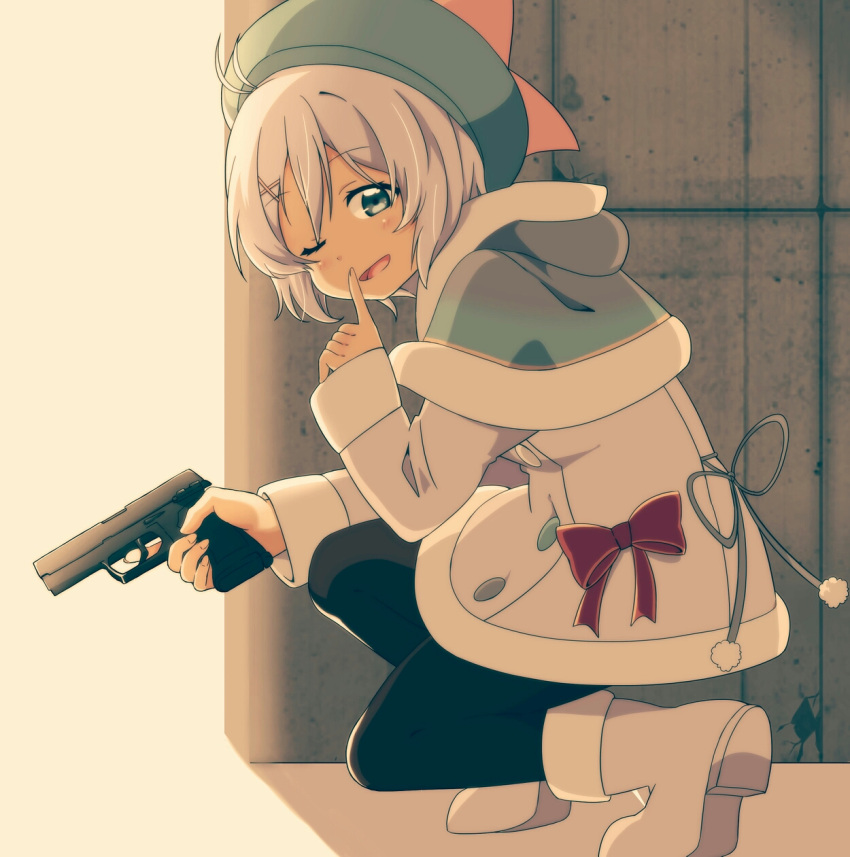 1girl alternate_costume antenna_hair blue_eyes blush commentary_request dennou_shoujo_youtuber_shiro eyebrows_visible_through_hair finger_to_mouth full_body gloves gun hair_ornament handgun highres holding holding_gun holding_weapon index_finger_raised kuro_neko_(artist) looking_at_viewer one_eye_closed pistol shiro_(dennou_shoujo_youtuber_shiro) short_hair shushing silver_hair smile solo virtual_youtuber weapon x_hair_ornament