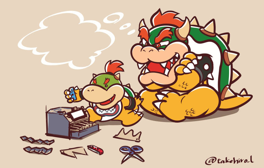 2boys absurdres black_eyes bowser bowser_jr. cardboard crossed_arms dragon fang father_and_son highres joy-con male_focus super_mario_bros. monjaosu monster multiple_boys nintendo nintendo_labo nintendo_switch no_humans red_eyes scissors simple_background sitting super_mario_bros. tan_background thought_bubble turtle twitter_username