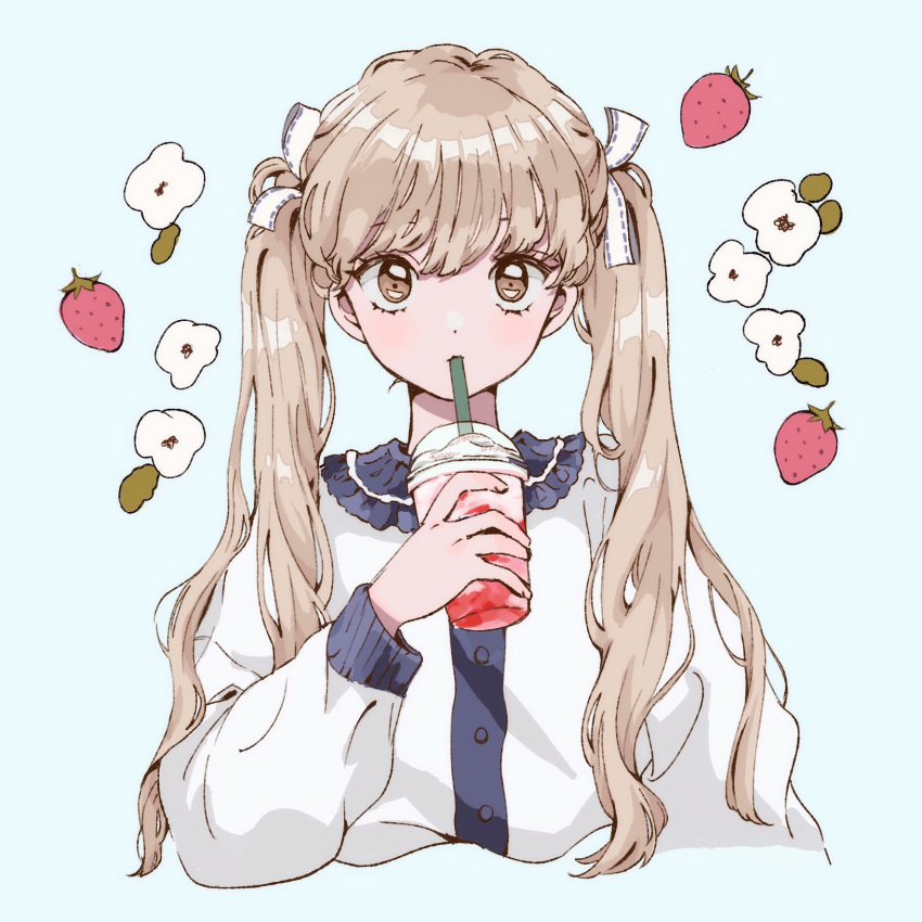 1girl blonde_hair blue_background brown_eyes buttons commentary cup disposable_cup dot_nose drink drinking_straw drinking_straw_in_mouth flower food frilled_shirt_collar frills fruit hair_ribbon highres light_blush long_hair long_sleeves looking_at_viewer multicolored_shirt original ribbon s5fz9 shirt simple_background solo strawberry swept_bangs twintails upper_body white_flower white_ribbon white_shirt