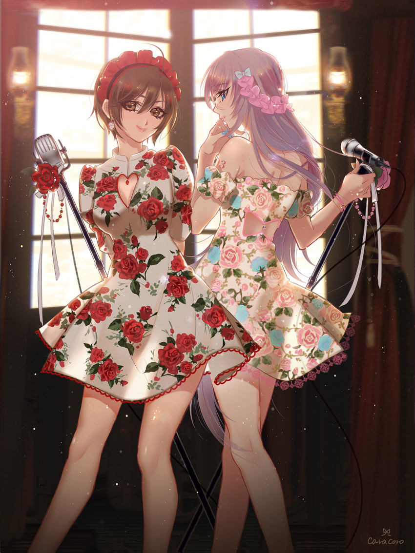 2girls ahoge arms_behind_back artist_name bare_shoulders blue_eyes blue_nails breasts brown_eyes brown_hair cleavage earrings floral_print flower hairband hand_up highres inside jewelry karakoro long_hair looking_at_another looking_at_viewer medium_breasts megurine_luka meiko microphone multiple_girls nail_polish short_hair smile standing tattoo very_long_hair vocaloid wristband