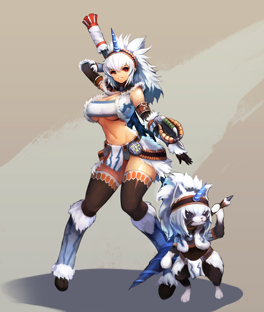 1girl bandeau breasts cleavage feylin fur_trim highres horn kirin_(armor) looking_at_viewer monster_hunter navel notte pelt pelvic_curtain standing stomach sword thigh-highs weapon weapon_on_back white_hair