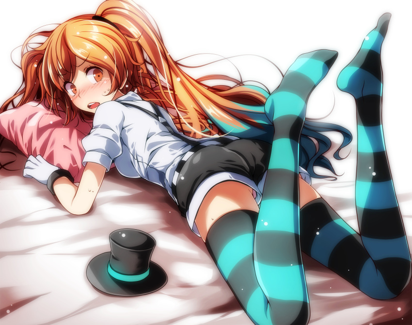 1girl ass bed_sheet black_hat black_shorts blue_hair blue_legwear blush breasts embarrassed foreshortening from_behind gloves hat hat_removed hatsune_miku headwear_removed highres legs_up long_hair looking_at_viewer looking_back medium_breasts mrs.pumpkin_no_kokkei_na_yume_(vocaloid) no_shoes nose_blush orange_eyes orange_hair panties panty_peek pillow pink_panties project_diva_(series) puffy_short_sleeves puffy_sleeves shiny shiny_hair short_shorts short_sleeves shorts simple_background solo suspender_shorts suspenders sweatdrop tareme thigh-highs top_hat tsukishiro_saika twintails underwear upshorts very_long_hair vocaloid white_background white_gloves