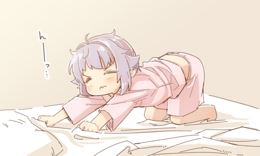 1girl all_fours bed_sheet closed_eyes closed_mouth full_body idolmaster idolmaster_cinderella_girls koshimizu_sachiko lavender_hair pajamas pink_pajamas pink_shirt pink_shorts shirt short_hair shorts sleepy solo stretch white_bed_sheet yukie_(kusaka_shi)