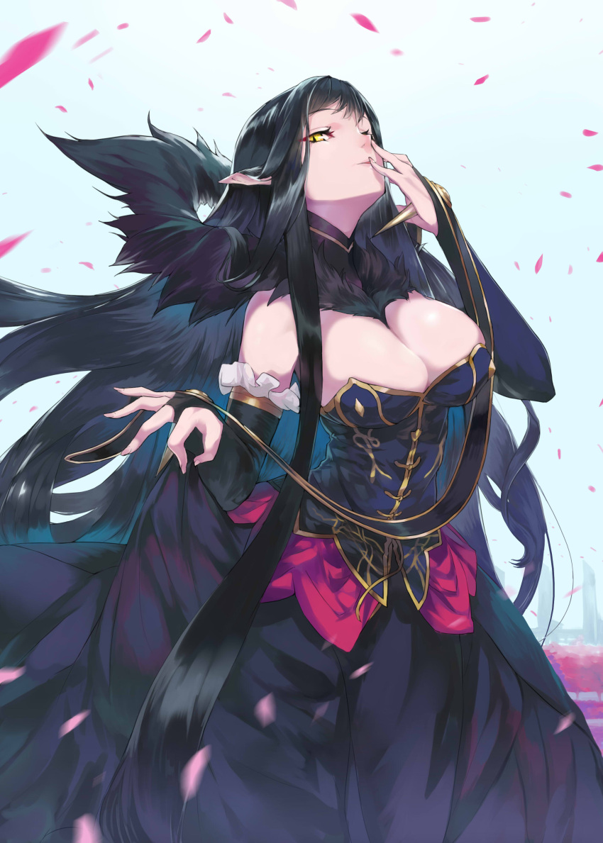 1girl absurdres bangs bare_shoulders black_dress black_hair breasts ceda_(dace) cleavage commentary_request detached_sleeves dress elbow_gloves fate/apocrypha fate_(series) fingerless_gloves fur_trim gloves hand_on_own_face highres large_breasts long_hair looking_at_viewer parted_lips petals pointy_ears semiramis_(fate) skirt_hold standing very_long_hair yellow_eyes