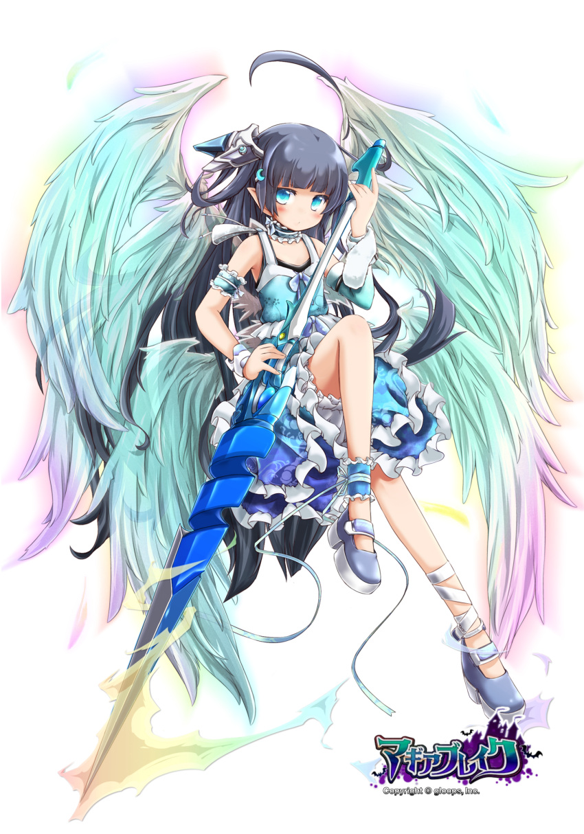 1girl ahoge akino_coto ankle_garter arm_garter asymmetrical_clothes black_hair blue_eyes frills full_body hair_ornament highres lance long_hair looking_at_viewer multicolored multicolored_wings official_art original pointy_ears polearm revision single_detached_sleeve solo transparent_background weapon wings