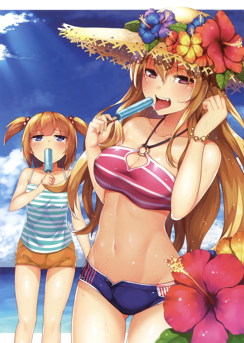 2girls absurdres beach bracelet breasts brown_hair camisole cleavage cowboy_shot day eating fang flower food glint gluteal_fold hair_between_eyes hair_bobbles hair_ornament halterneck hat hat_flower highres horizon horosuke_(toot08) jewelry long_hair medium_breasts midriff mouth_hold multiple_girls navel o-ring_top original outdoors popsicle scan shiny shiny_skin short_shorts short_twintails shorts small_breasts straw_hat sunlight sweat tongue tongue_out twintails violet_eyes