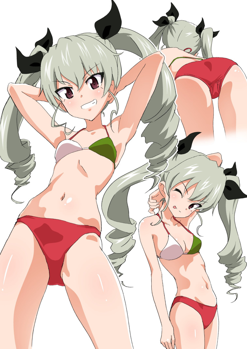 1girl ;p anchovy arm_at_side arm_behind_back arms_behind_head arms_up ass bare_arms bare_shoulders bent_over black_ribbon breasts brown_eyes drill_hair eyebrows_visible_through_hair gin'you_haru girls_und_panzer green_hair grin hair_ribbon highres italian_flag_bikini long_hair looking_at_viewer multiple_views navel one_eye_closed ribbon simple_background small_breasts smile stomach tongue tongue_out twin_drills white_background