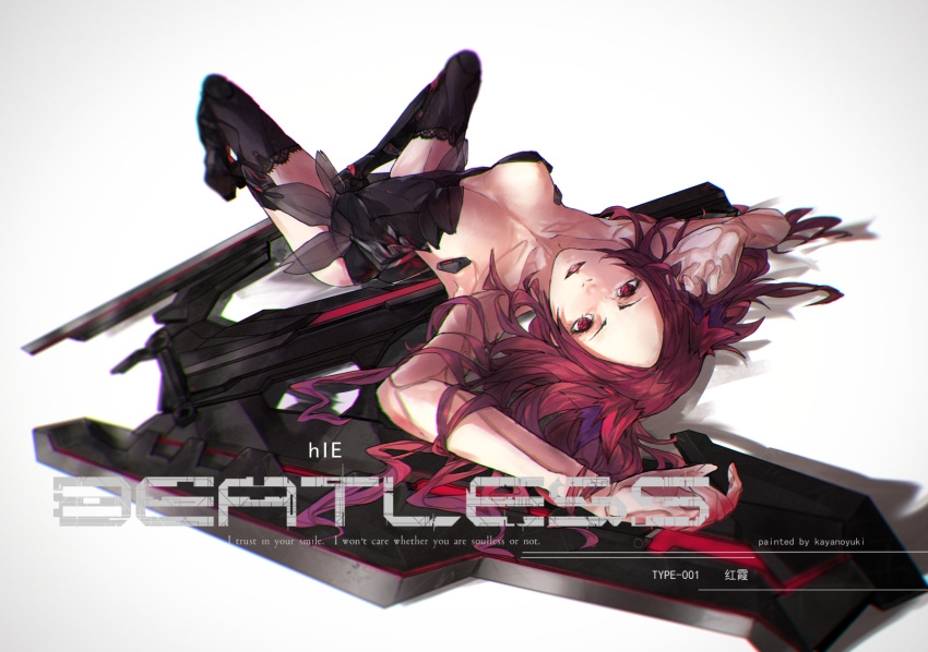 1girl android bare_shoulders beatless black_legwear black_leotard boots breasts breasts_apart collarbone copyright_name forehead highres huge_weapon kayano_yuki kouka_(beatless) leotard long_hair looking_at_viewer lying medium_breasts on_back red_eyes redhead science_fiction simple_background smile solo text thigh-highs thigh_boots weapon white_background