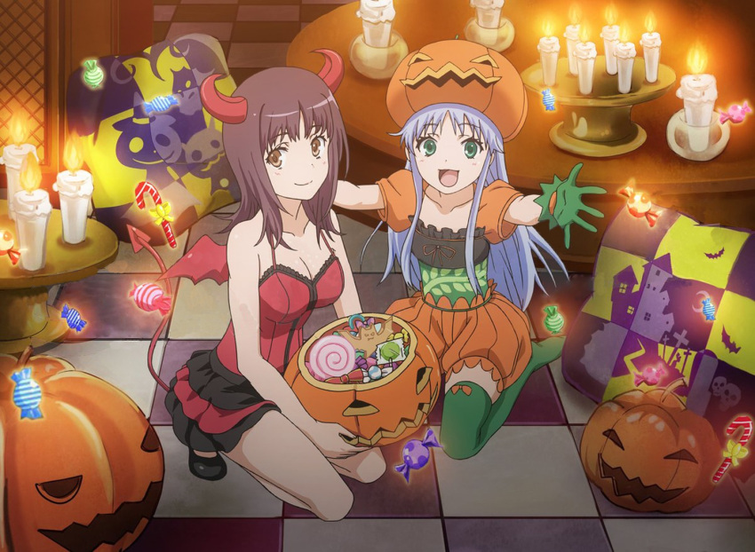 breasts brown_eyes candy cleavage food green_eyes halloween halloween_costume image_sample index itsuwa long_hair official_art pumpkin purple_hair short_hair silver_hair smile to_aru_majutsu_no_index yandere_sample