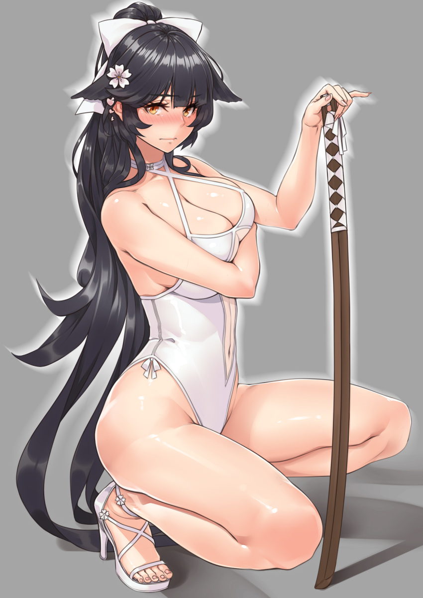 1girl azur_lane bare_arms bare_shoulders black_hair blush bokken bow breasts brown_eyes casual_one-piece_swimsuit cleavage closed_mouth criss-cross_halter full_body grey_background hair_bow hair_flaps hair_ribbon halterneck hayama_kazusa high_ponytail highleg highleg_swimsuit highres holding holding_sword holding_weapon horizon light_frown long_hair looking_at_viewer navel nose_blush ocean one-piece_swimsuit open_toe_shoes ponytail ribbon shadow shiny shiny_hair shiny_skin simple_background solo squatting straight_hair swimsuit sword takao_(azur_lane) toes very_long_hair weapon white_bow white_ribbon white_swimsuit wooden_sword