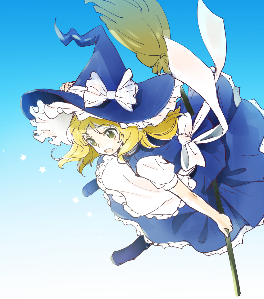 1girl apron blonde_hair broom broom_riding dress hat highres kirisame_marisa long_hair makuwauri open_mouth solo touhou witch witch_hat yellow_eyes