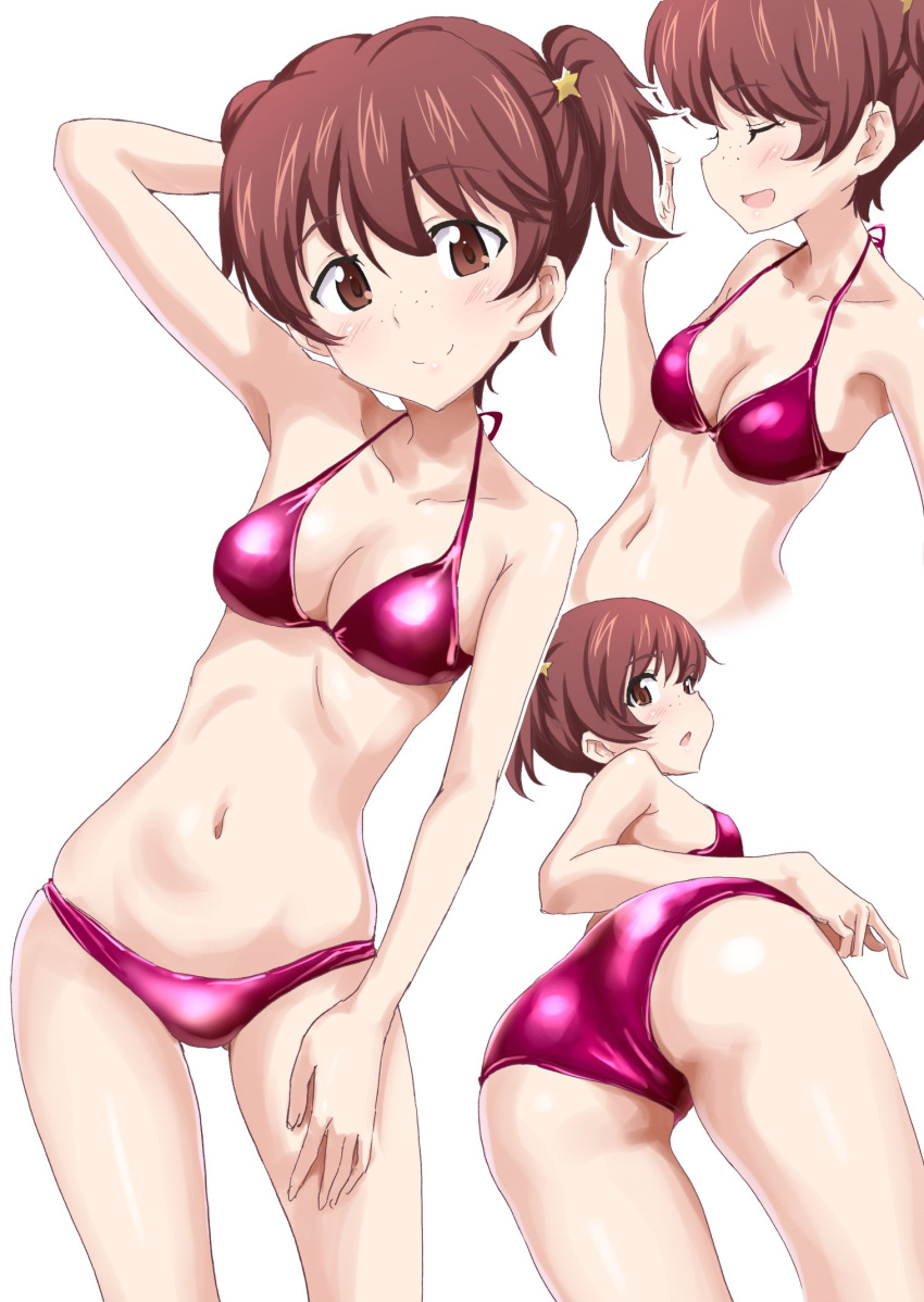 1girl alisa_(girls_und_panzer) arm_behind_head ass bare_arms bare_legs bare_shoulders bikini breasts cleavage closed_eyes closed_mouth collarbone contrapposto freckles gin'you_haru girls_und_panzer gluteal_fold hair_ornament halter_top halterneck hand_up highres light_smile looking_at_viewer medium_breasts multiple_views navel pink_bikini shiny shiny_clothes short_twintails simple_background star star_hair_ornament swimsuit twintails white_background