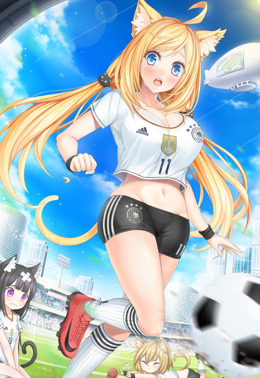 2018_fifa_world_cup 3girls ahoge aircraft animal_ears ball bandaid bike_shorts black_hair blimp blonde_hair blue_eyes blue_sky blush bra breasts brown_hair cat_ears cat_girl cat_tail chibi_inset cleavage crop_top day dirigible fang fifa germany groin highres kneehighs large_breasts long_hair low_twintails multiple_girls navel nike open_mouth scrunchie seiza sitting sky soccer soccer_ball soccer_field soccer_uniform solo_focus sportswear strap_gap sunimu sweat tail tears translated twintails underwear violet_eyes wardrobe_malfunction white_bra world_cup wristband yarn yarn_ball