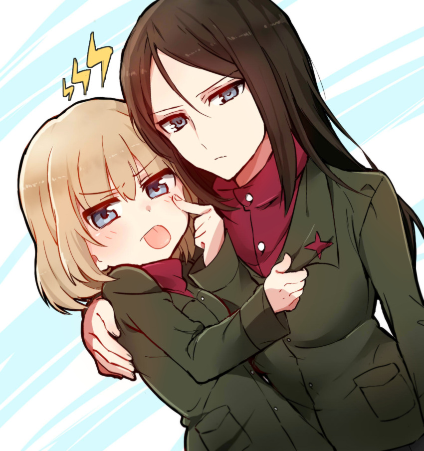 2girls :p akanbe arm_around_shoulder bangs black_hair blonde_hair blue_eyes closed_mouth dutch_angle emblem eyebrows_visible_through_hair frown fume girls_und_panzer green_jacket highres jacket katyusha lightning_bolt long_hair long_sleeves looking_at_viewer merry_(168cm) multiple_girls nonna pravda_school_uniform red_shirt school_uniform shirt short_hair standing swept_bangs tongue tongue_out turtleneck upper_body yuri