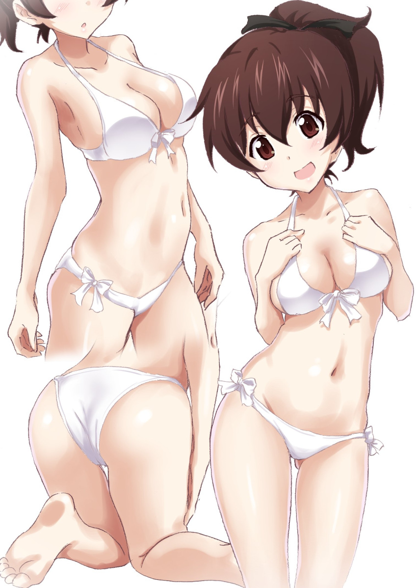 1girl ass bare_arms bare_legs bare_shoulders barefoot bikini black_ribbon breasts brown_eyes brown_hair cleavage contrapposto front-tie_bikini front-tie_top gin'you_haru girls_und_panzer gluteal_fold hair_ribbon halter_top halterneck hands_on_own_chest highres kneeling koyama_yuzu large_breasts looking_at_viewer multiple_views navel open_mouth ribbon simple_background smile stomach swimsuit white_background white_bikini