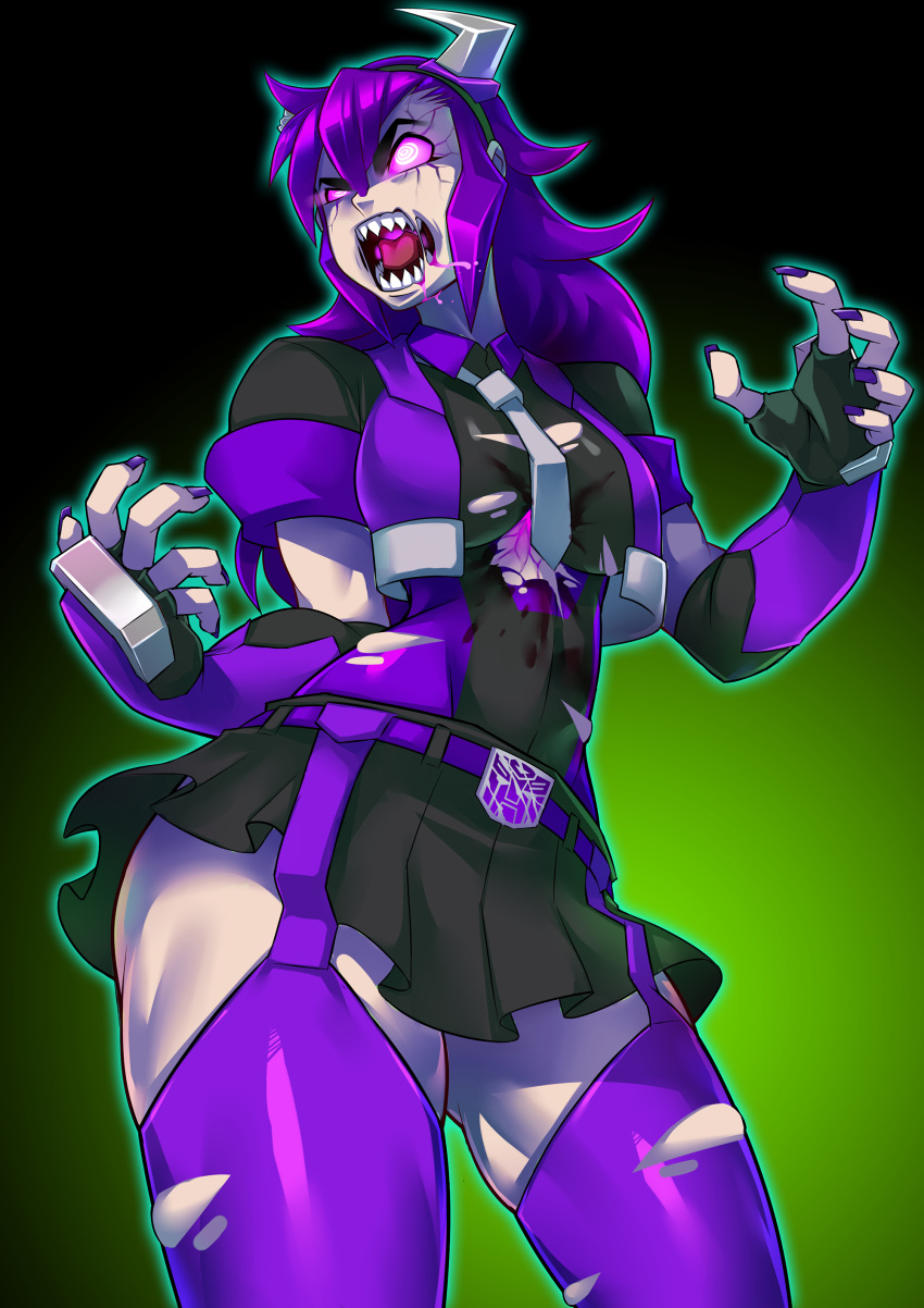 1girl @_@ absurdres belt_buckle breasts buckle clenched_hands cliffjumper contrapposto corruption crazy_eyes cropped_jacket dark_persona decepticon elbow_gloves fake_horns fingerless_gloves garter_straps genderswap genderswap_(mtf) gloves highres large_breasts nail_polish no_bra open_mouth pink_sclera purple_hair purple_legwear purple_nails roaring ryuusei_(mark_ii) sharp_teeth skin_tight solo teeth thick_eyebrows thick_thighs thigh-highs thighs torn_clothes transformers transformers_prime