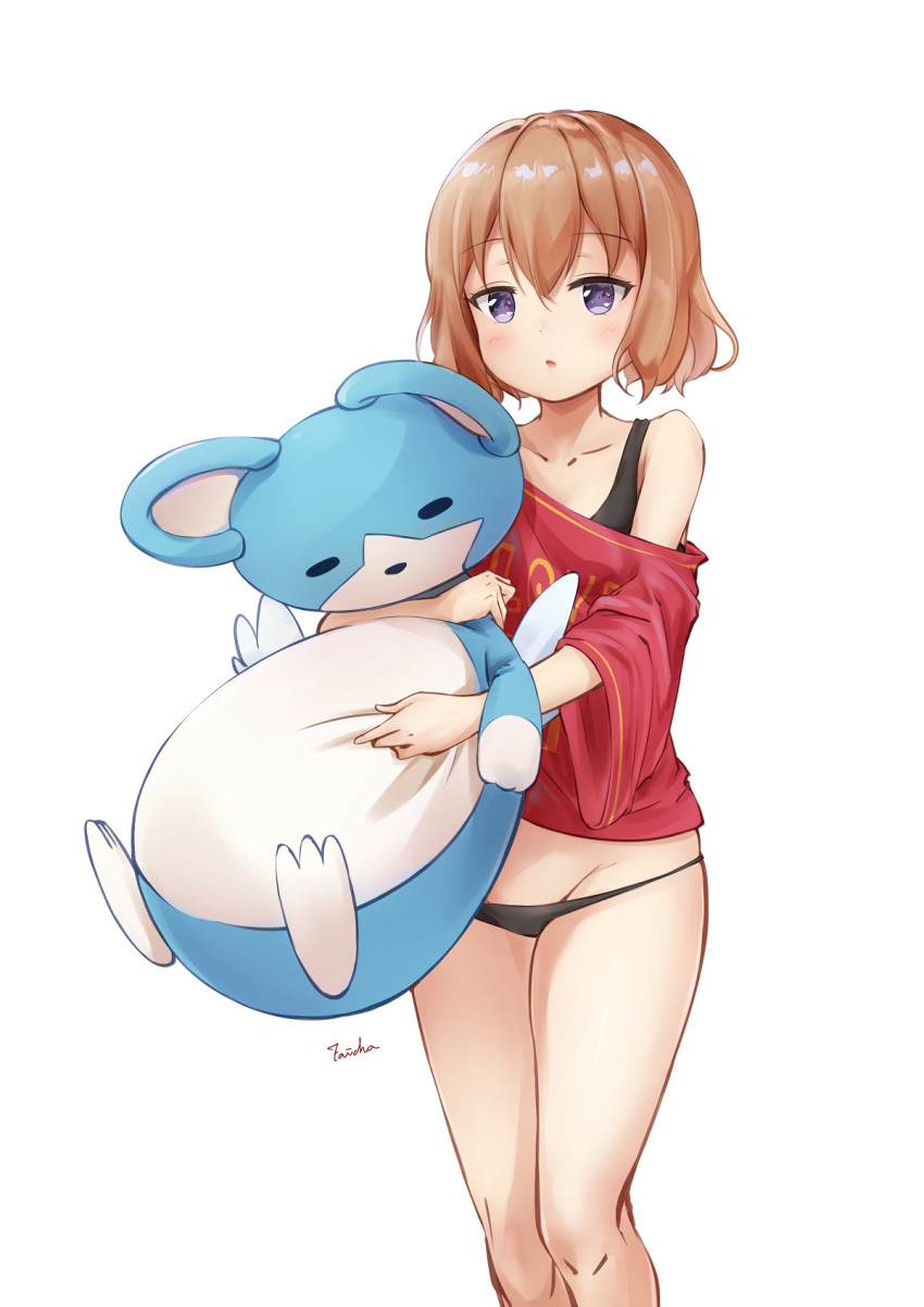 1girl artist_name bare_shoulders black_panties blend_s blush brown_hair clothes_writing collarbone english eyebrows_visible_through_hair faicha groin hair_between_eyes highres holding holding_stuffed_animal hoshikawa_mafuyu off_shoulder panties parted_lips red_shirt shirt short_hair solo standing stuffed_animal stuffed_toy underwear violet_eyes white_background white_wings wide_sleeves wings