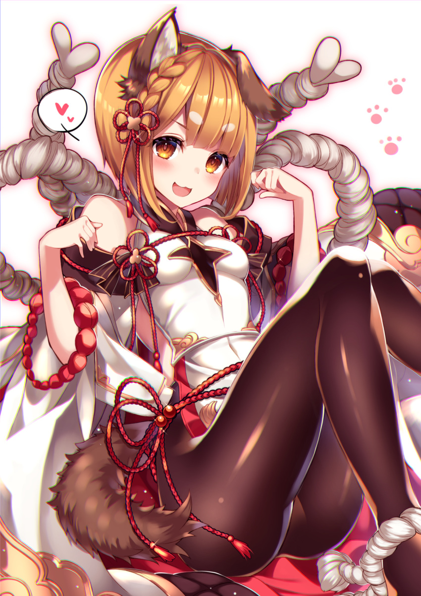 1girl :3 :d animal_ears bare_shoulders black_legwear blonde_hair blush breasts clenched_hands dog dog_ears dog_tail erun_(granblue_fantasy) from_side granblue_fantasy heart highres homaderi japanese_clothes looking_at_viewer open_mouth pantyhose paw_pose paw_print rope shimenawa short_hair sitting small_breasts smile solo spoken_heart tail vajra_(granblue_fantasy)